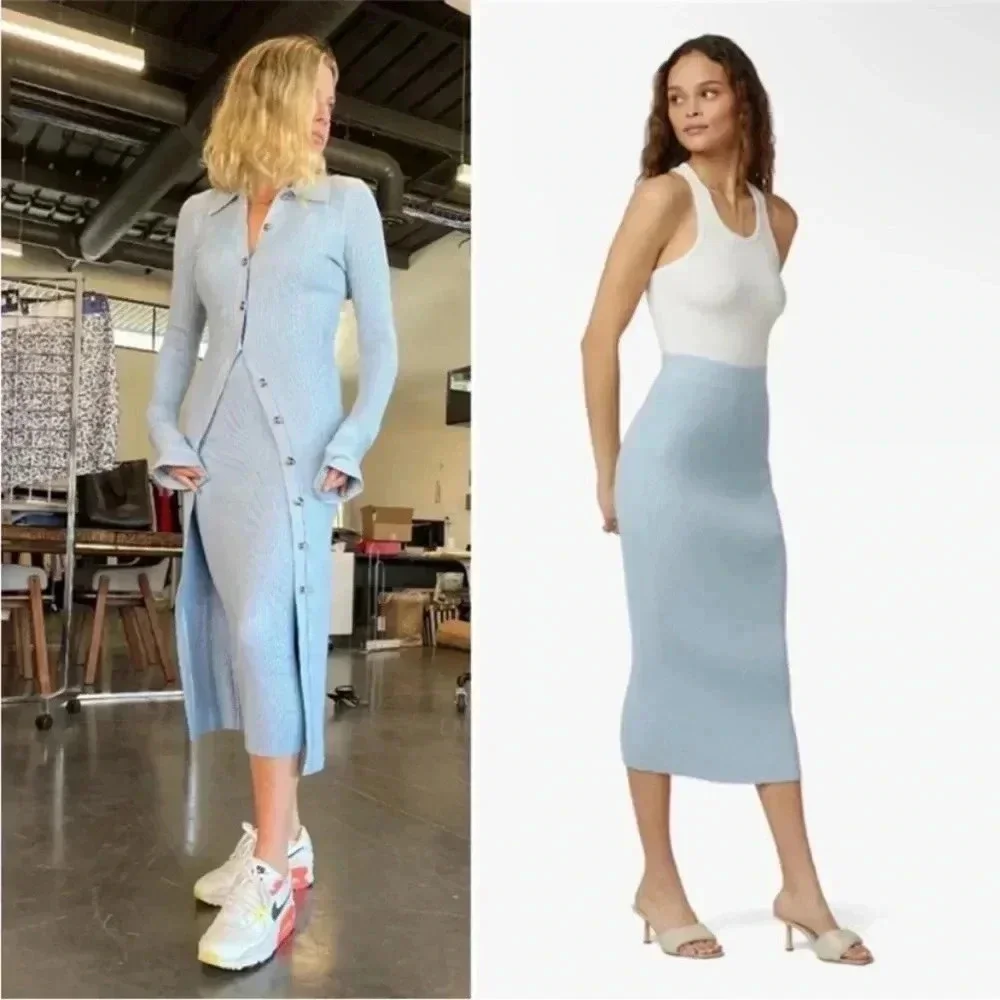 Favorite Daughter the Lena ribbed knit skirt midi baby blue cashmere blend‎ XL